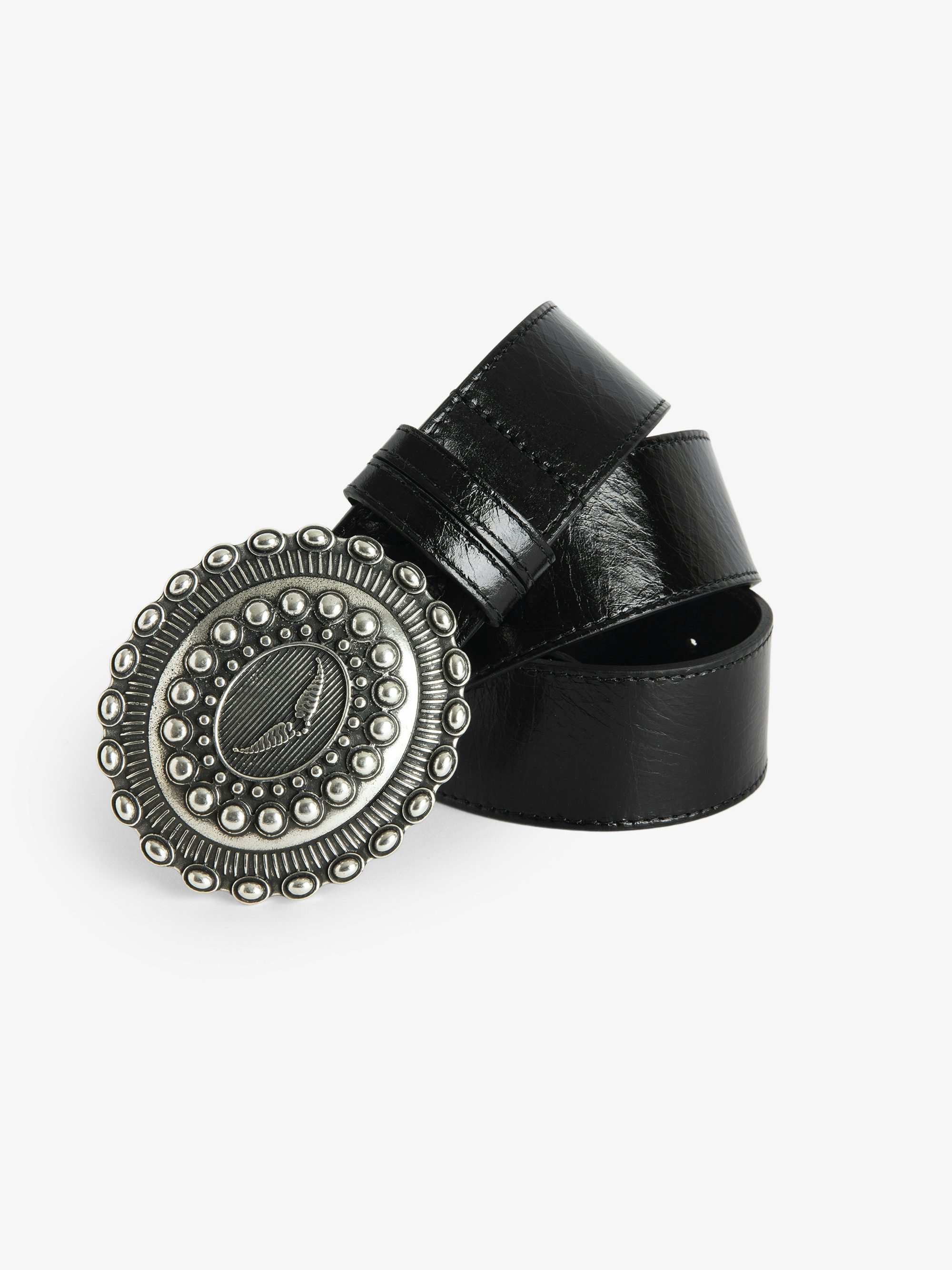 Santa Fe Belt - 40mm wide belt in black vintage-effect leather with wing signature on western-style buckle.